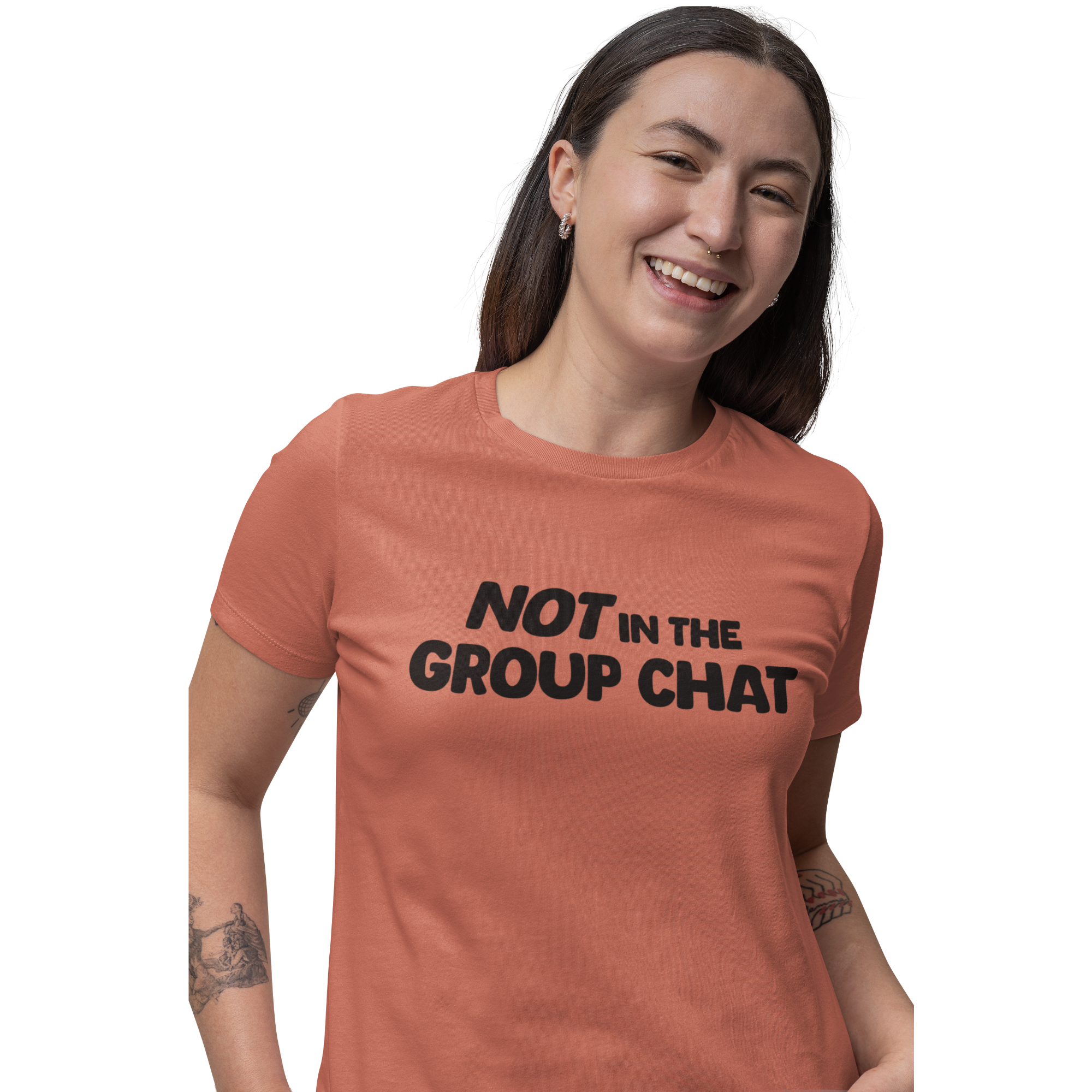 Not in the group chat t-shirt in terracotta color worn by woman front view, close-up