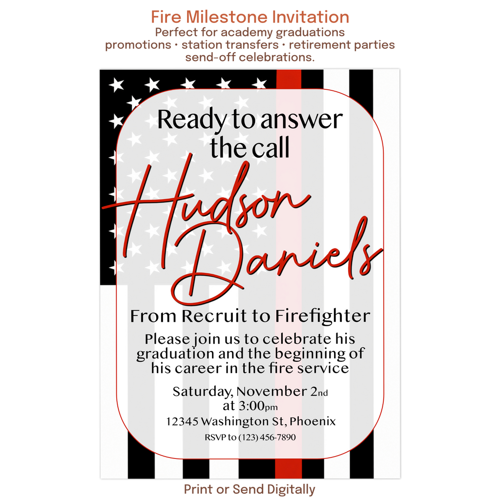 Custom firefighter graduation invitation featuring a thin red line flag design, personalized photo, and fire academy graduation celebration details.