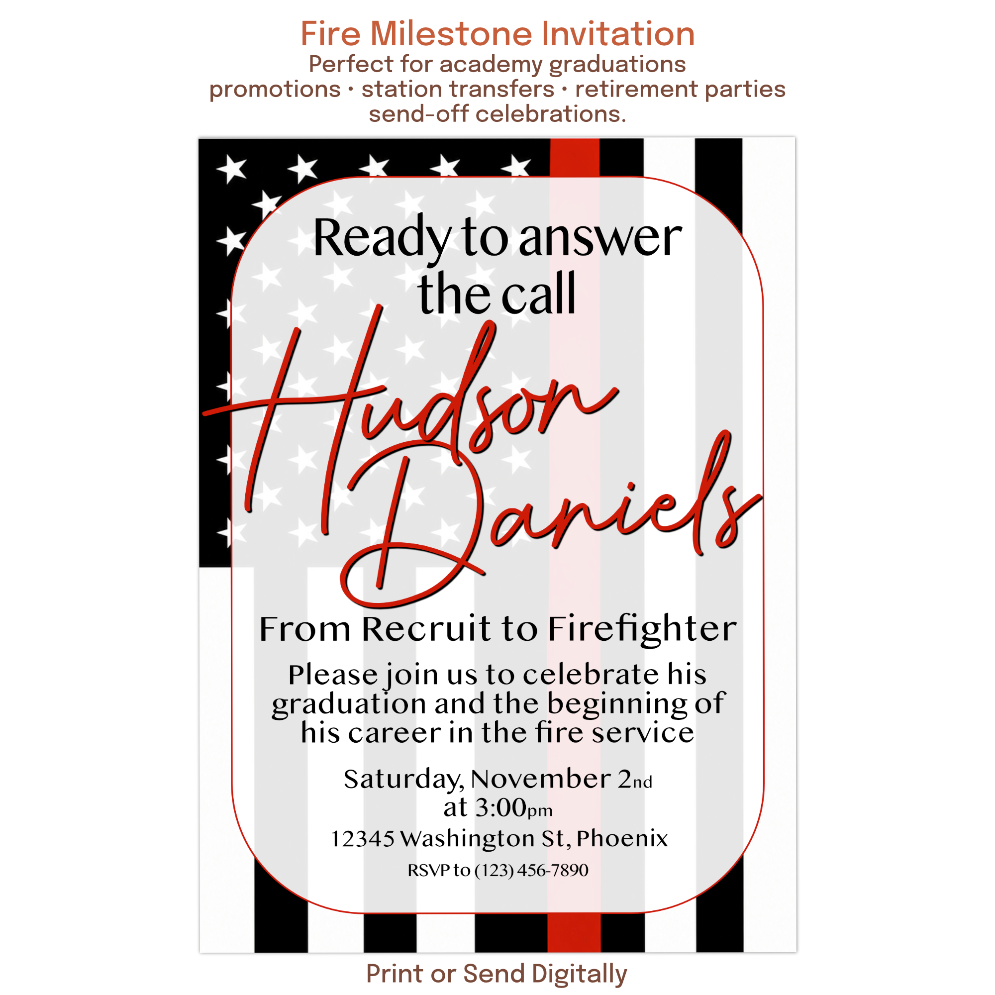 Custom firefighter graduation invitation featuring a thin red line flag design, personalized photo, and fire academy graduation celebration details.