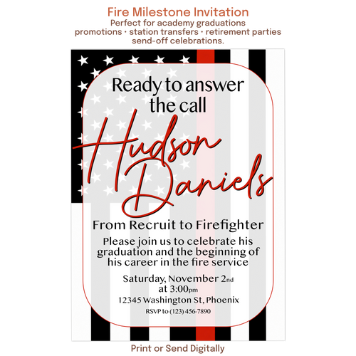 Custom firefighter graduation invitation featuring a thin red line flag design, personalized photo, and fire academy graduation celebration details.