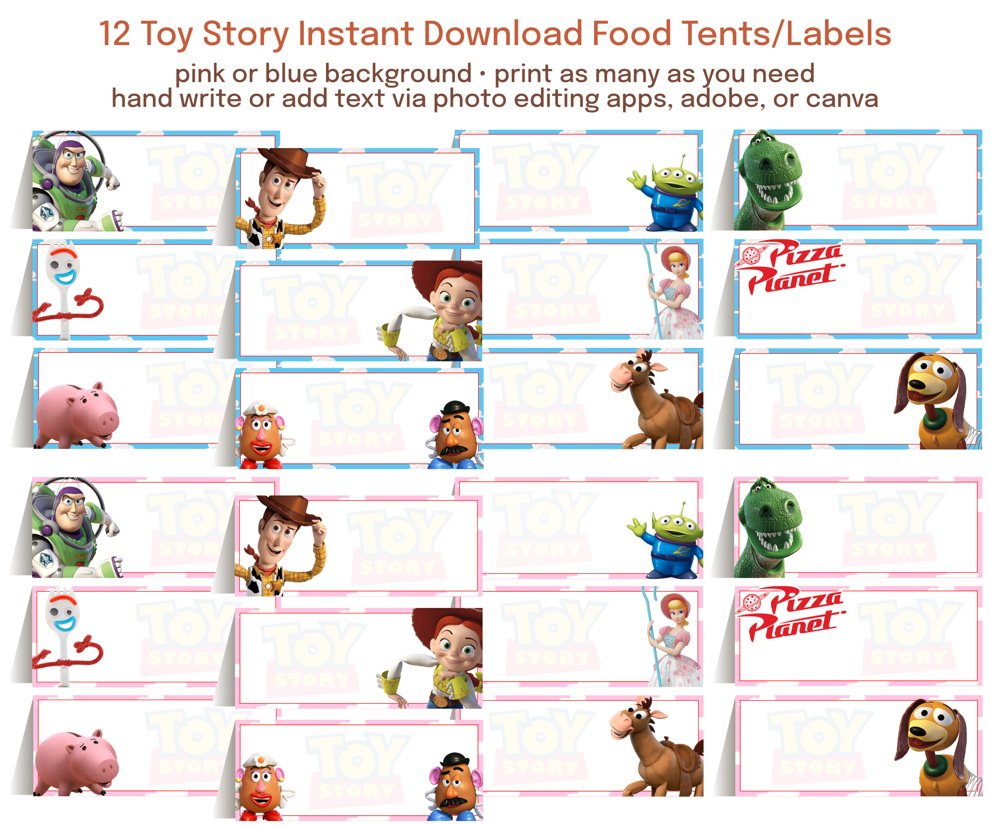 Personalized food labels in pink and blue displayed on a party table.