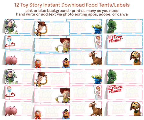 Personalized food labels in pink and blue displayed on a party table.
