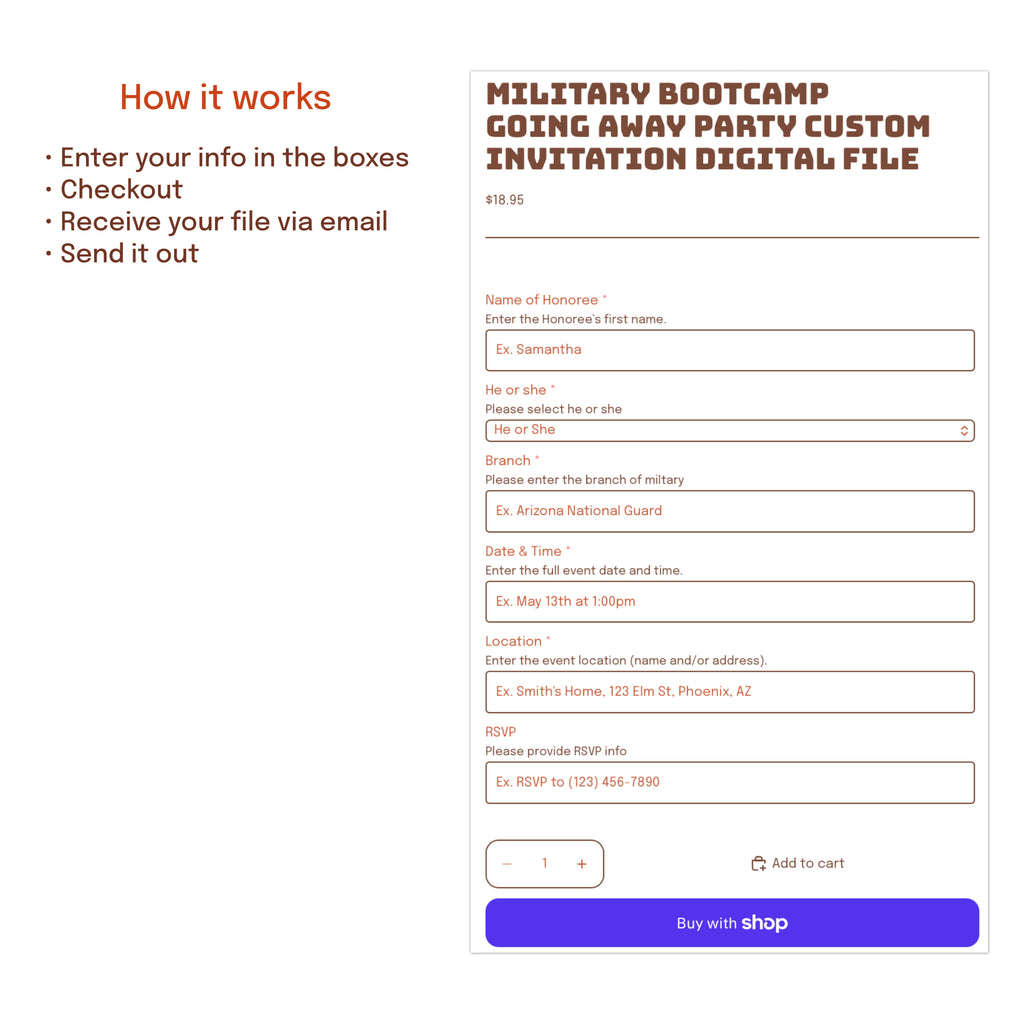 Patriotic boot camp send off invitation for Army Navy Air Force Marines Coast Guard Space Force and National Guard recruits