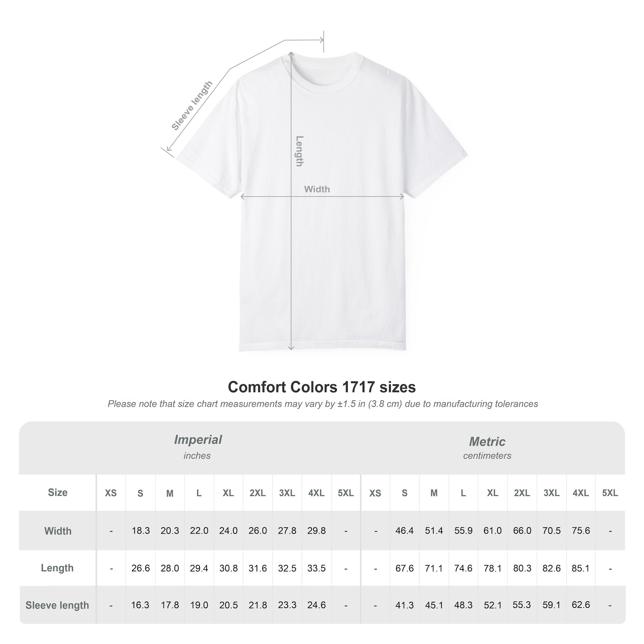 Unisex t-shirt size chart measurements for comfortable fit