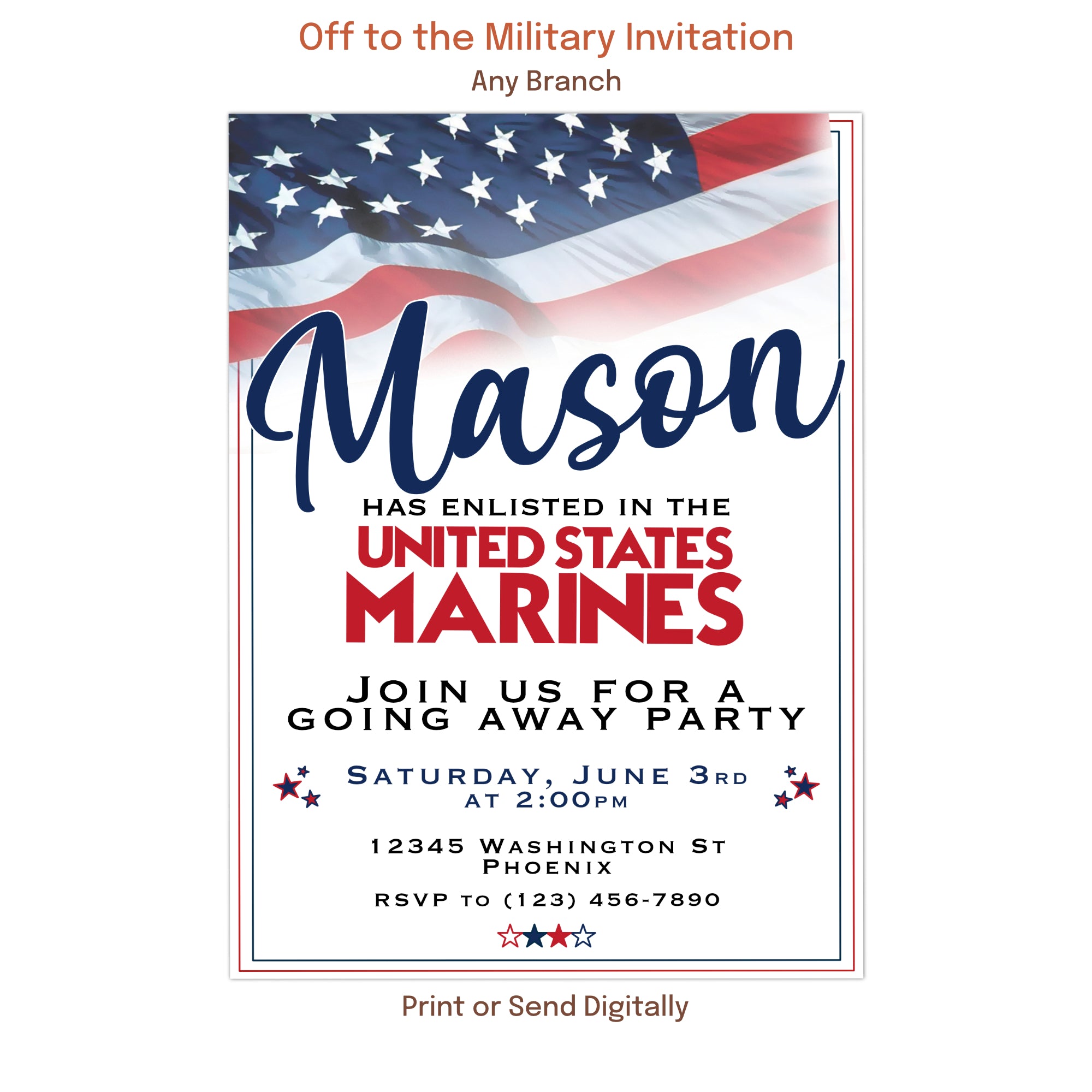 custom military send off party invitation for army navy marines air force and national guard celebration